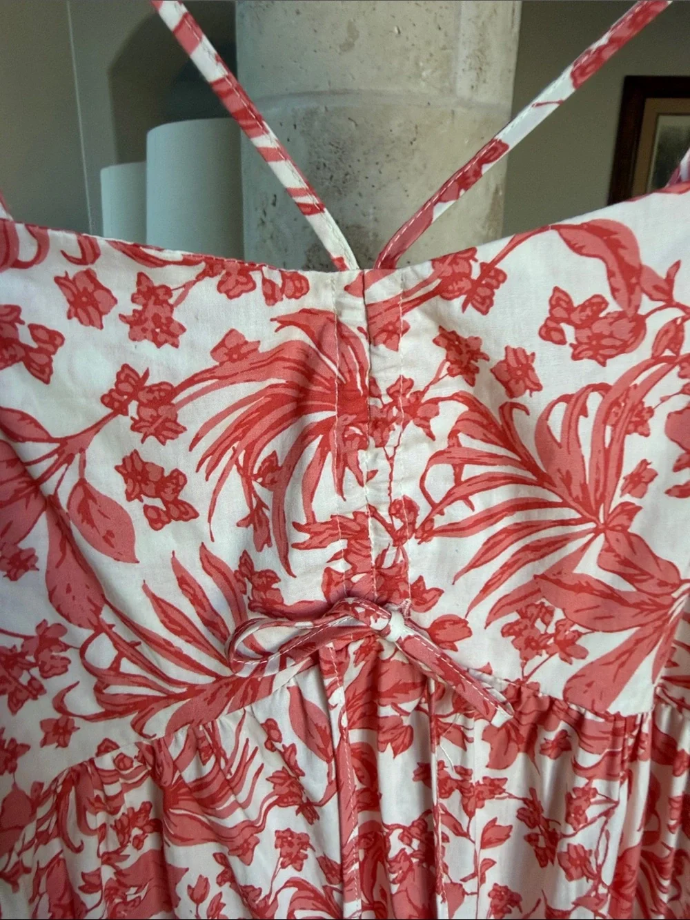 Aqua Coral and Creme White Floral Cotton Maxi Dress with Puff Sleeves Sz Small